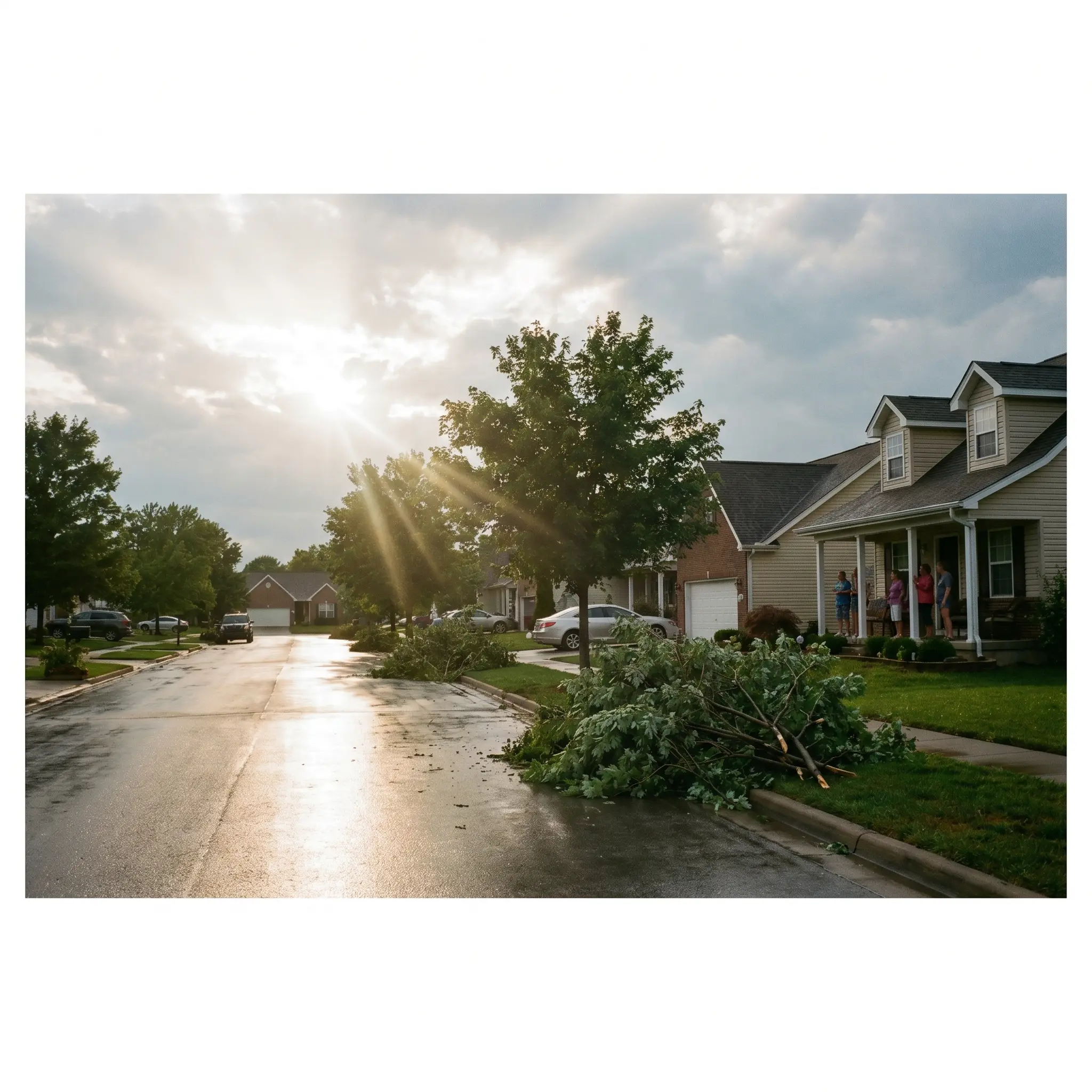 A wet neighborhood street after a storm with safe recovery checks underway