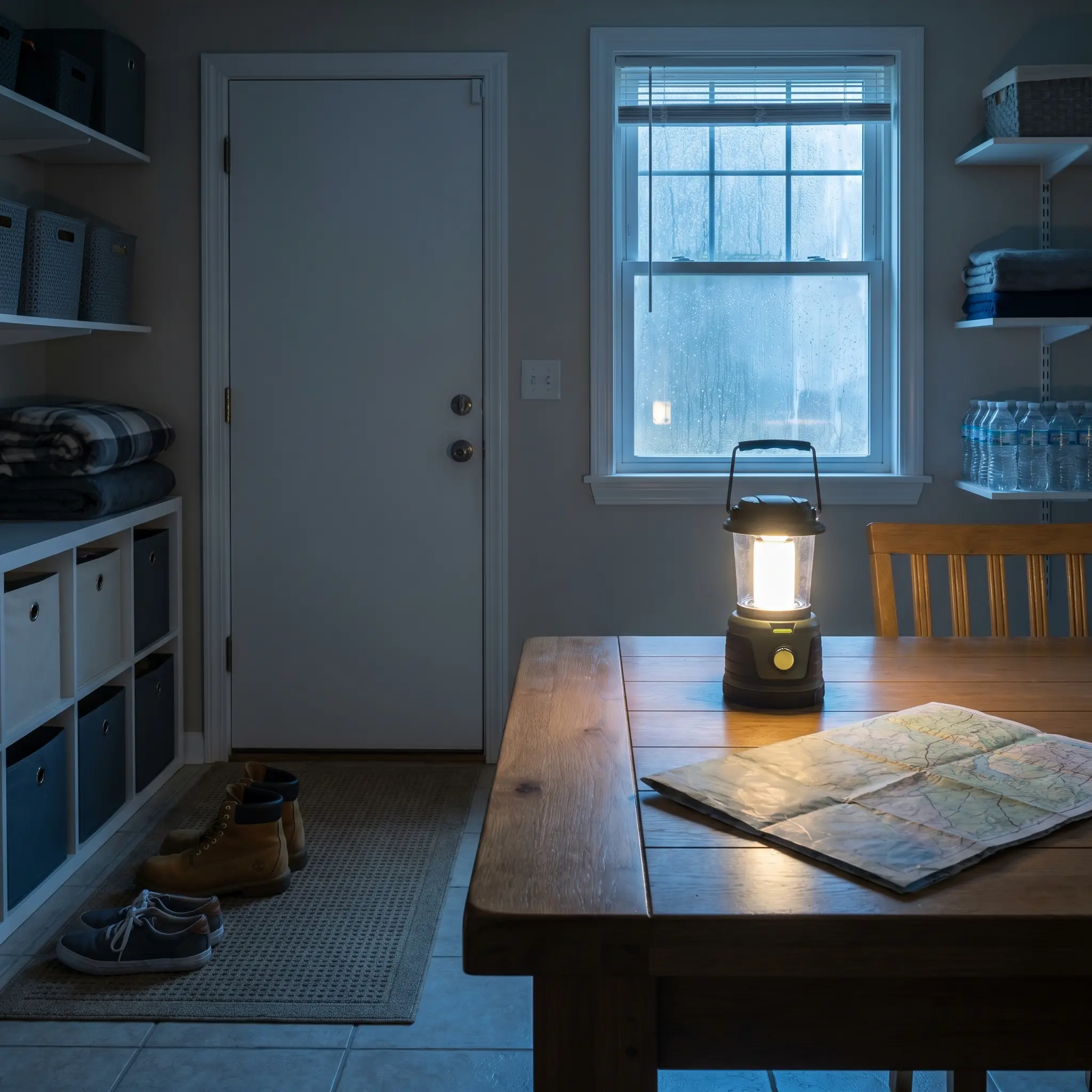 Stormy Casa article image with organized weather safety supplies and storm context