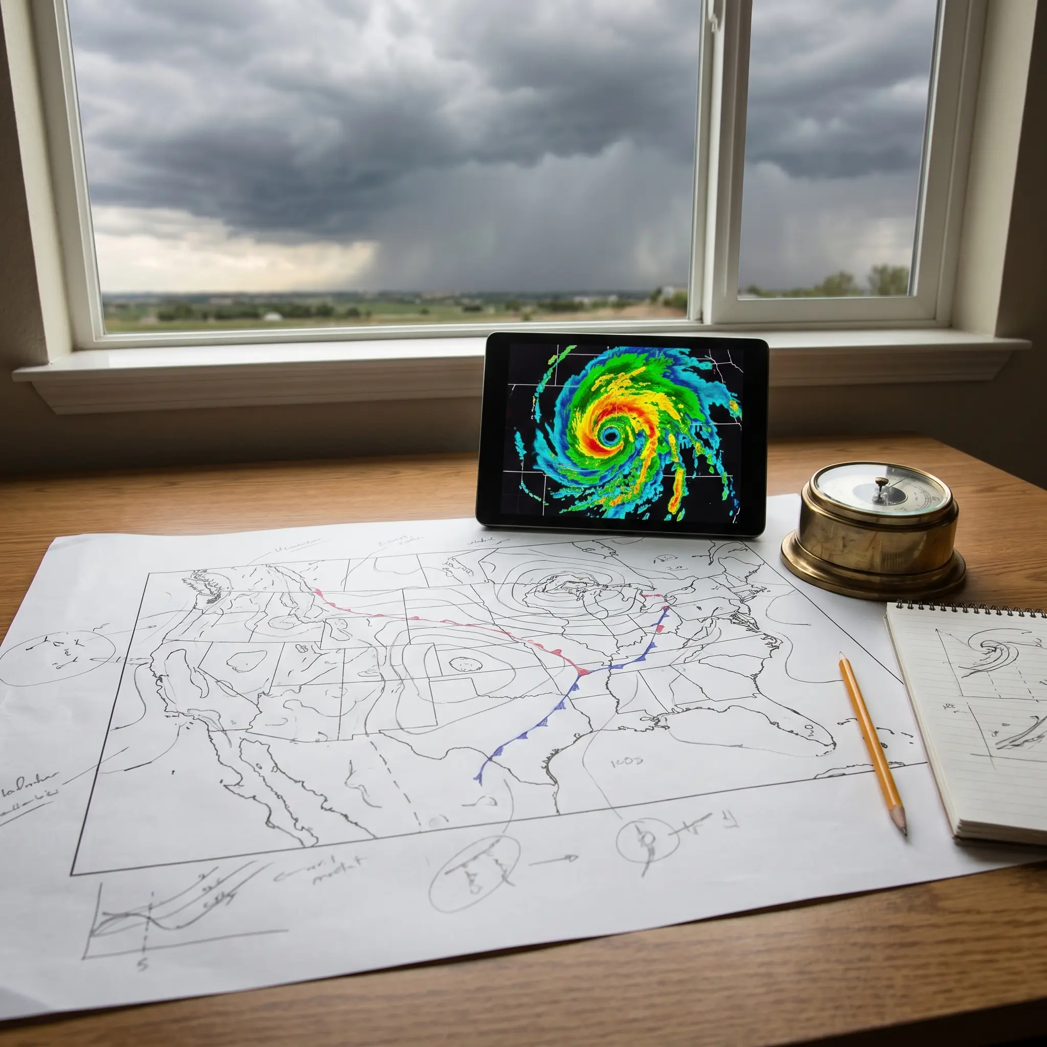 Meteorology desk with pressure maps, radar display, and storm analysis tools