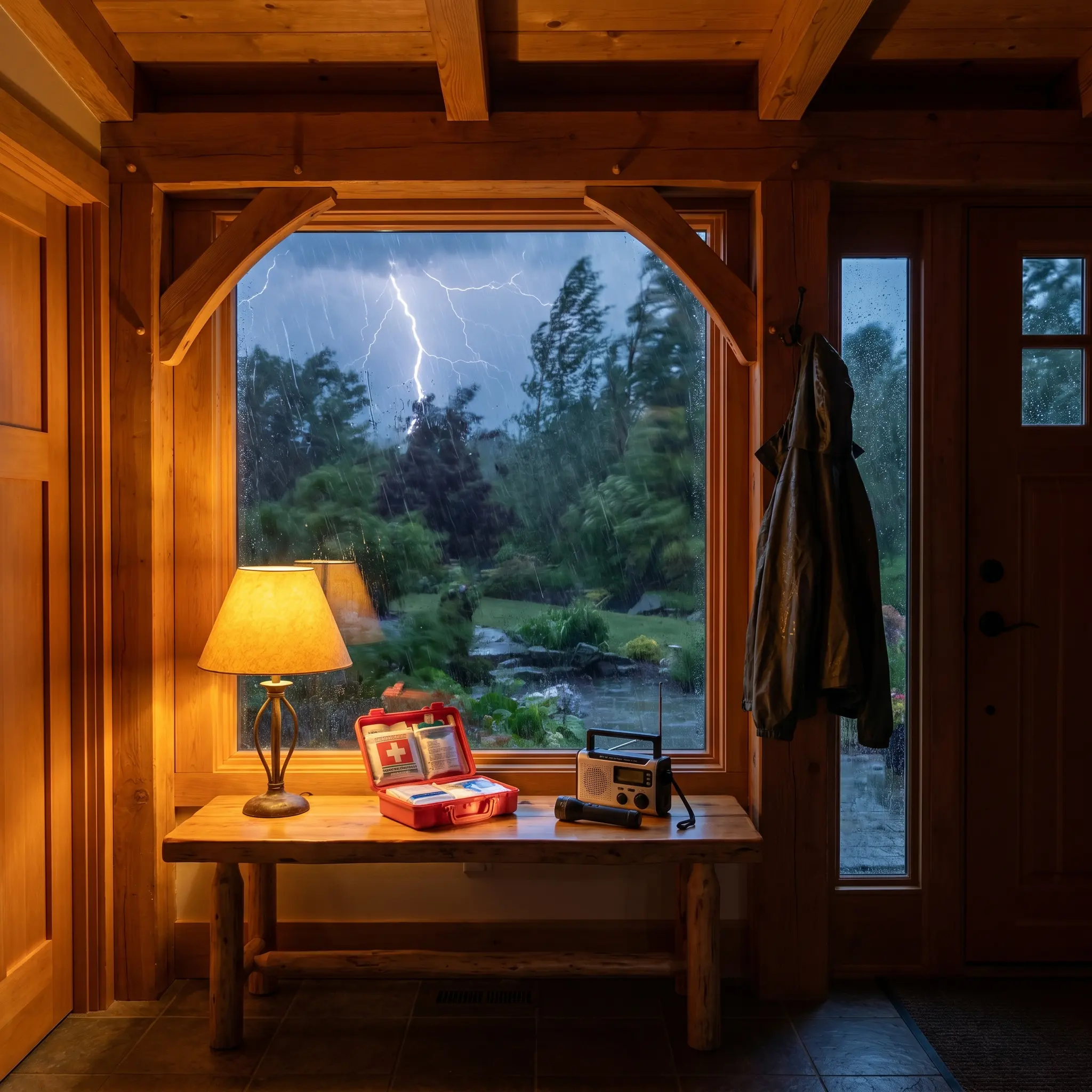 Warm household storm preparation scene with rain outside and emergency gear near the door