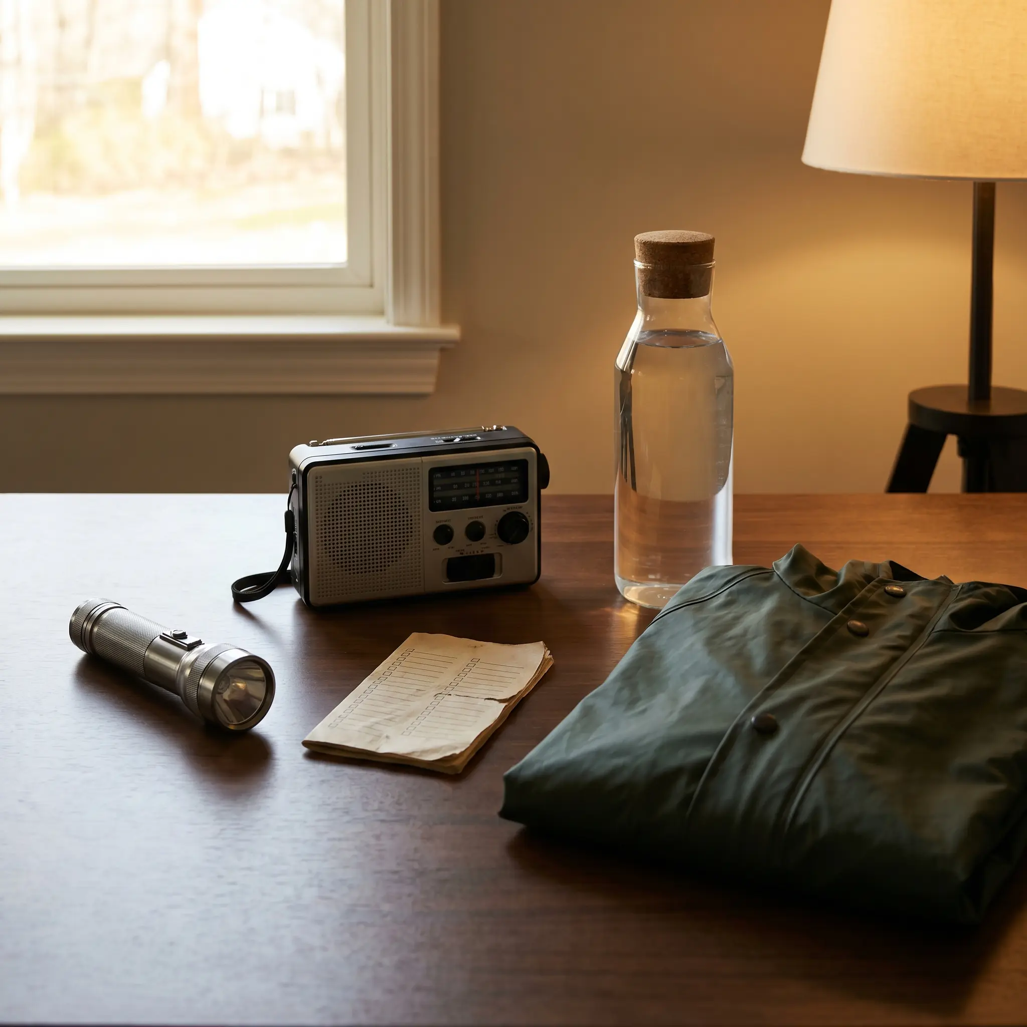 Storm readiness supplies arranged on a kitchen table with flashlight, water, and radio